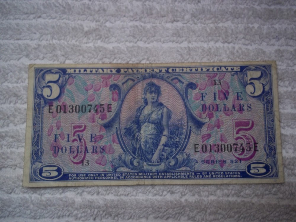 MPC 521 $5  Military Payment Certificate pp13    PROBLEM FREE   KEY $5 NOTE