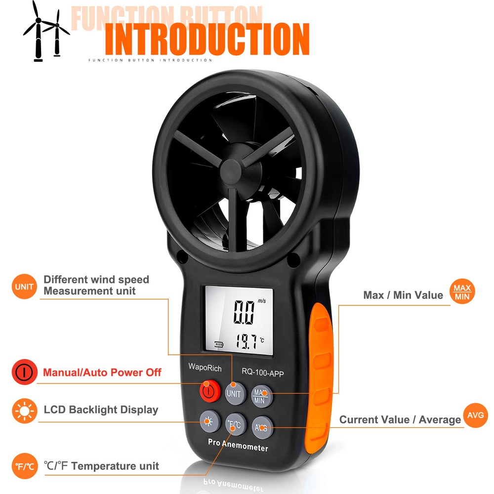 BTMETER Anemometer Bluetooth APP Air Flow Gauge Wind Speed Meter 0.3-30m/s LCD