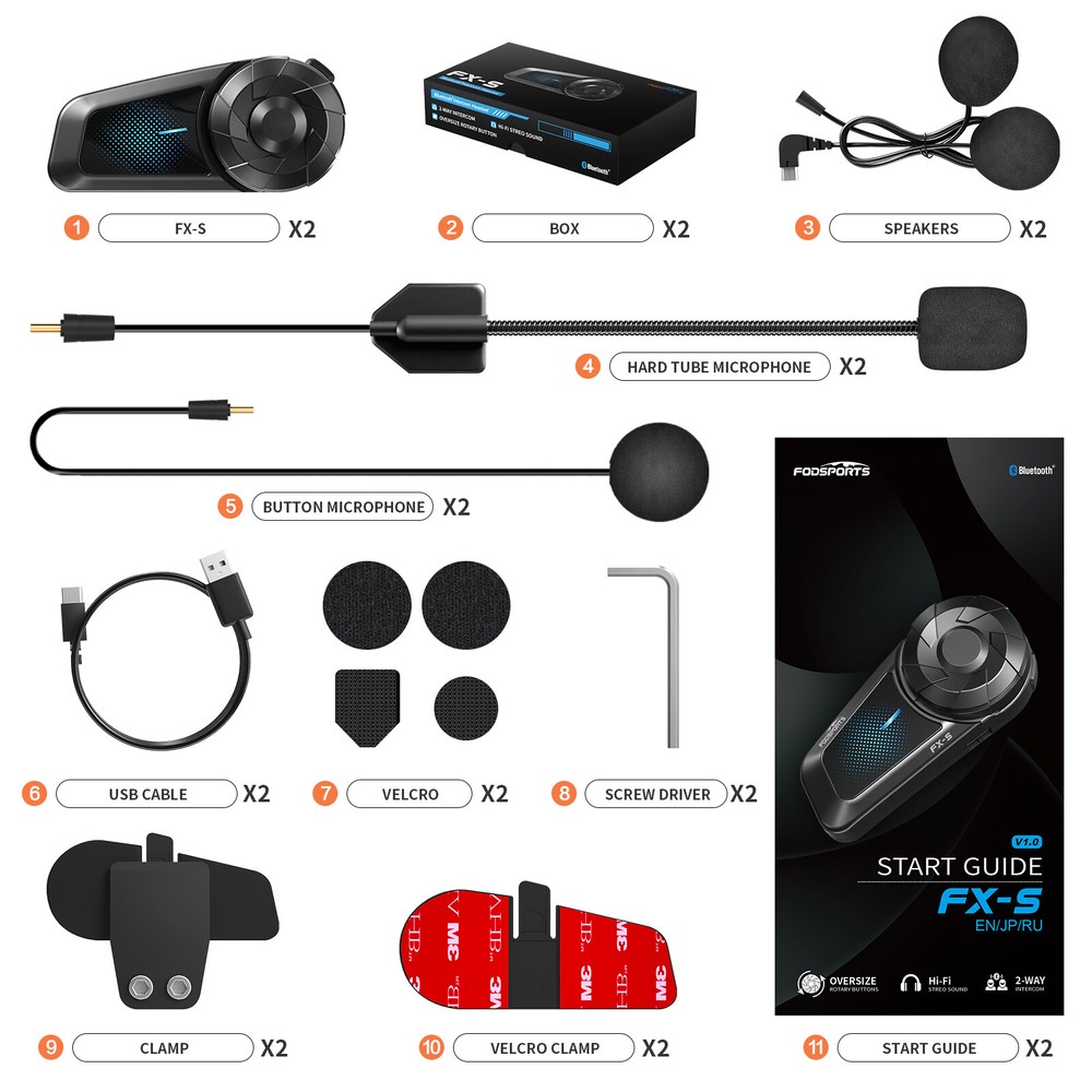 2x FX-S Motorcycle Helmet Intercom Bluetooth Headset 2-way 1000m Communication