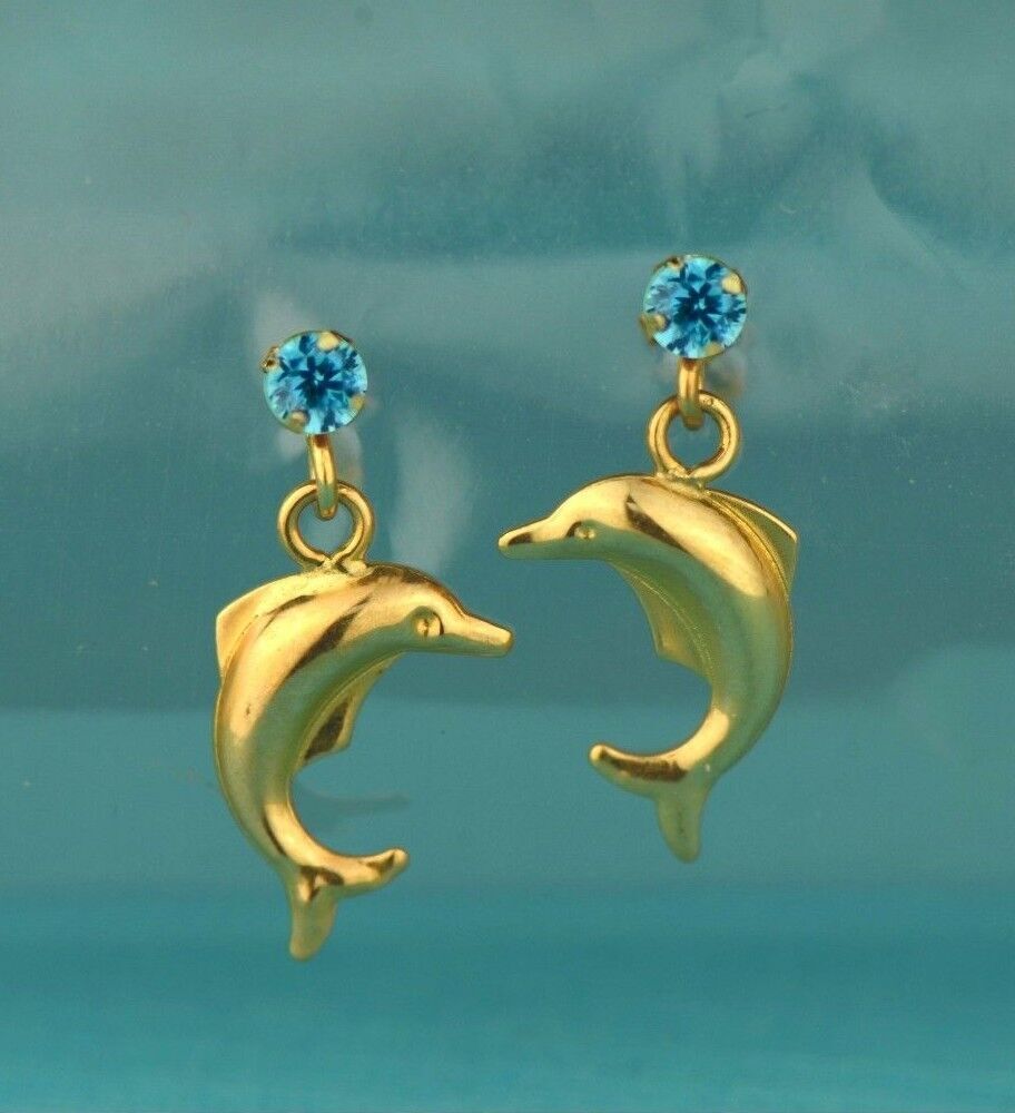 14k Yellow Gold CZ Dolphin Stud Earring