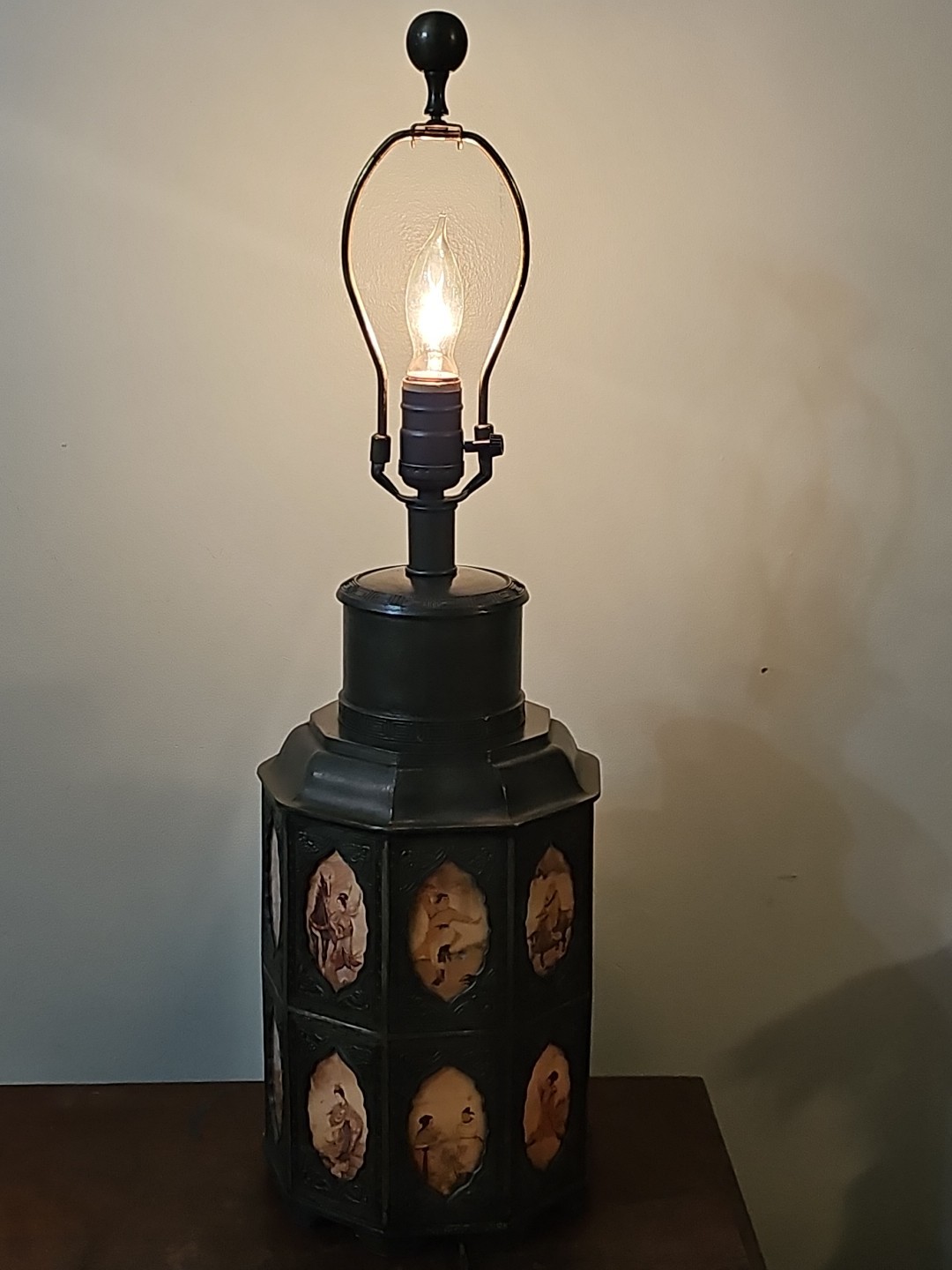 Antique Pewter Tea Caddy Canister w/ 18 Glass Scenes Reverse Painted Panels LAMP