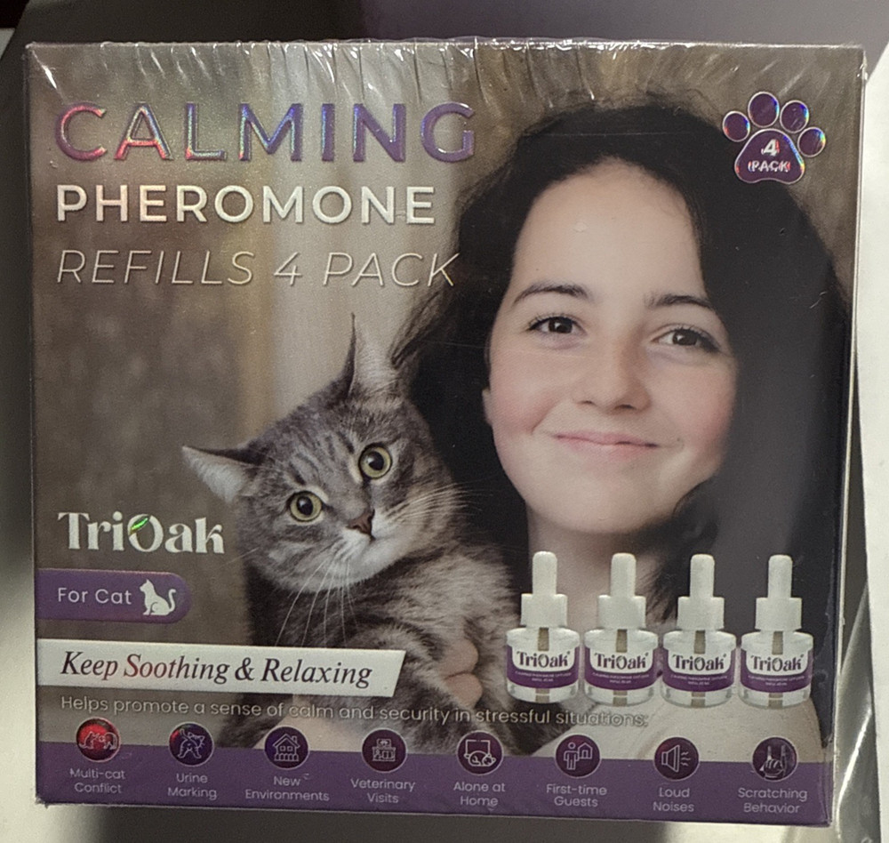 TriOak Cat Calming Diffuser 2 in 1 Anxiety Relief Pheromone Refills 4 Pack *READ