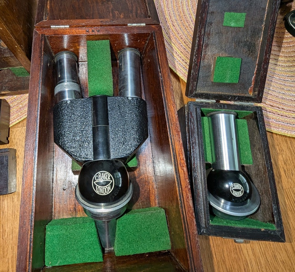 Antique C BAKER London Precision Microscope Complete Set Binocular NICE Loaded