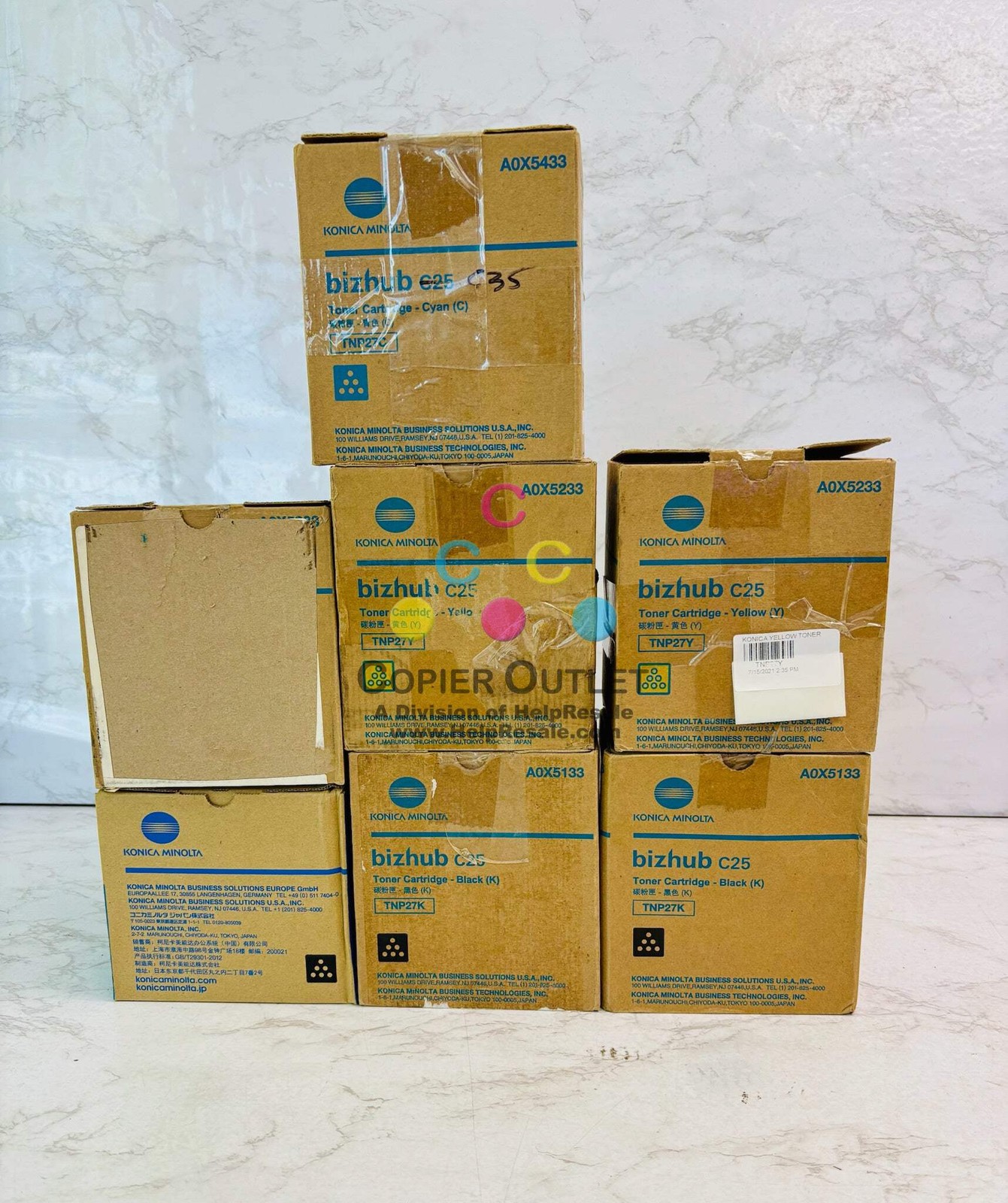 7 Open Genuine Konica BH C25 Cyan, Magenta, Yellow & Black Toner TNP27 CMYYKKK