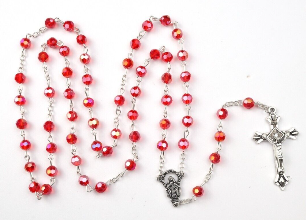 Silver Tone and Red Miraculous Medal Centerpiece Glass Prayer Bead Rosary 20 In