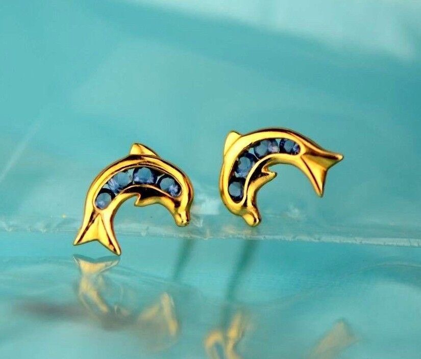 14k Yellow Gold CZ Dolphin Stud Earring