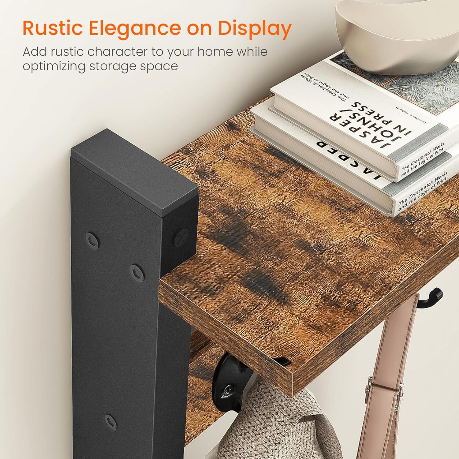 Wooden Wall-Mounted Coat Hanging Rack with Shelf and Hooks, Rustic - Brown Black