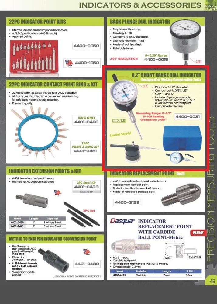 0-0.20" .001" VERTICAL DIAL TEST INDICATOR (4400-0031)