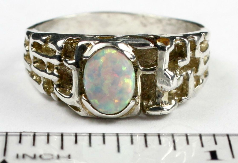925 Sterling Silver Men's Nugget Ring, Created White Opal, SR197