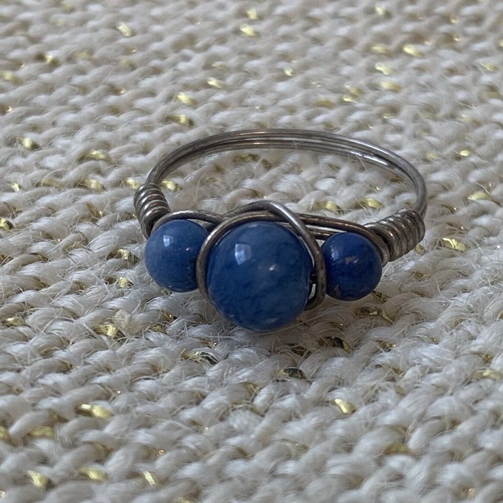 Lapis Lazuli Wire Wrapped Bead Ring Size 6 Silver Tone Beaded