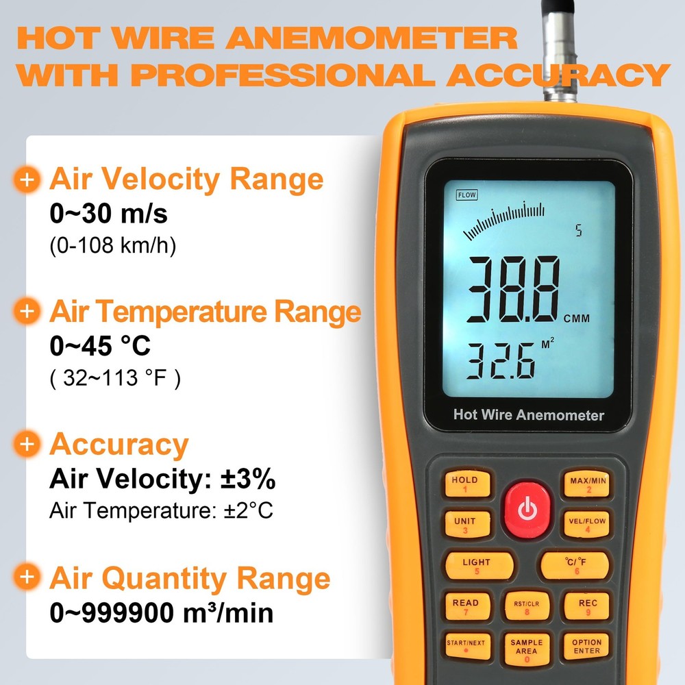 Hotwire Anemometer Handheld Anemometer with Telescopic Probe Wind Speed Meter wi