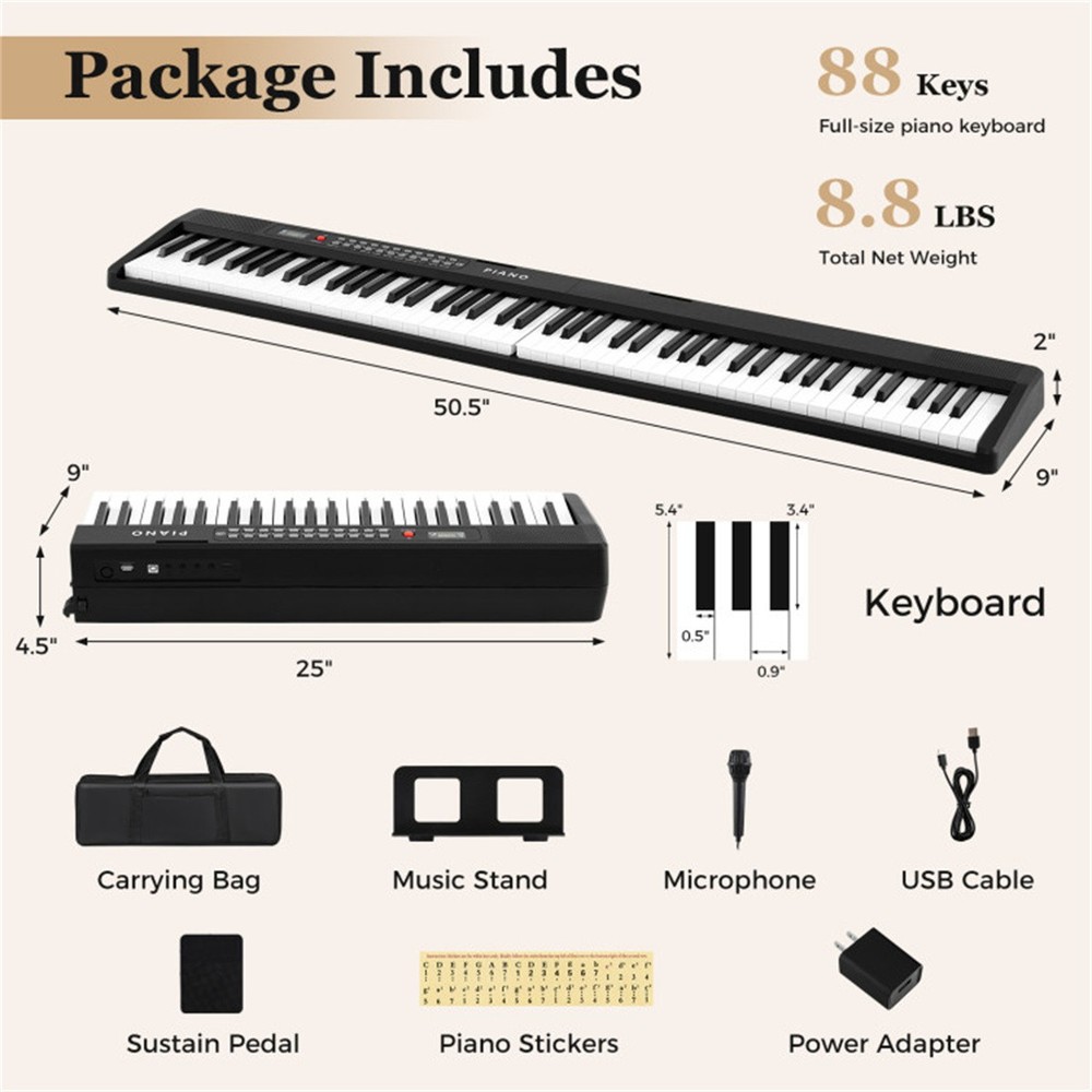 88-Key Semi-Weighted Foldable Digital Piano with 3 Teaching Modes for Beginners~