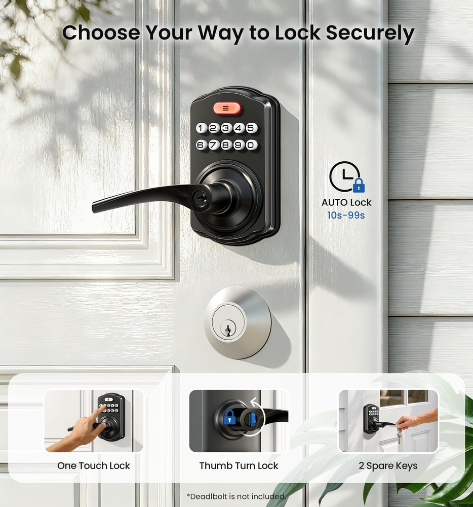 Veise Keypad Door Lock with Handle, Keyless Entry for Front Matte Black