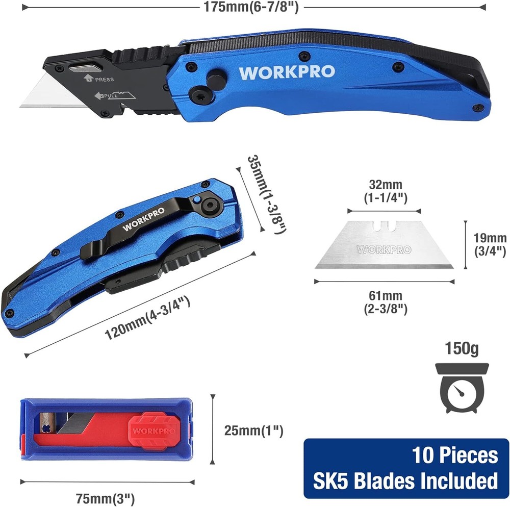 WORKPRO Blue/Red/Gray Folding Utility Knife Metal Quick Open Axis Lock Cutter US