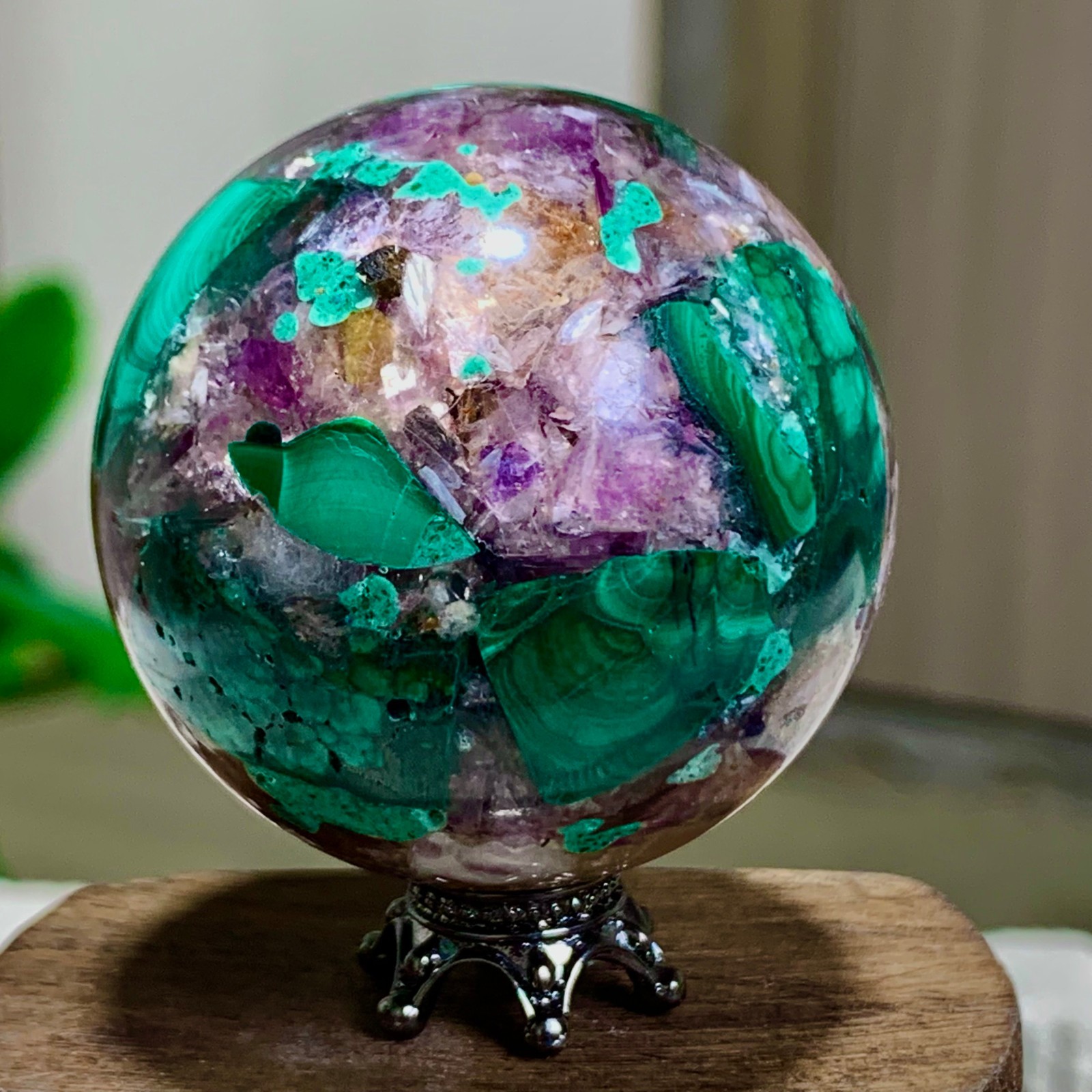 102G Newly discovered rare malachite purple mica symbiotic sphere restoration