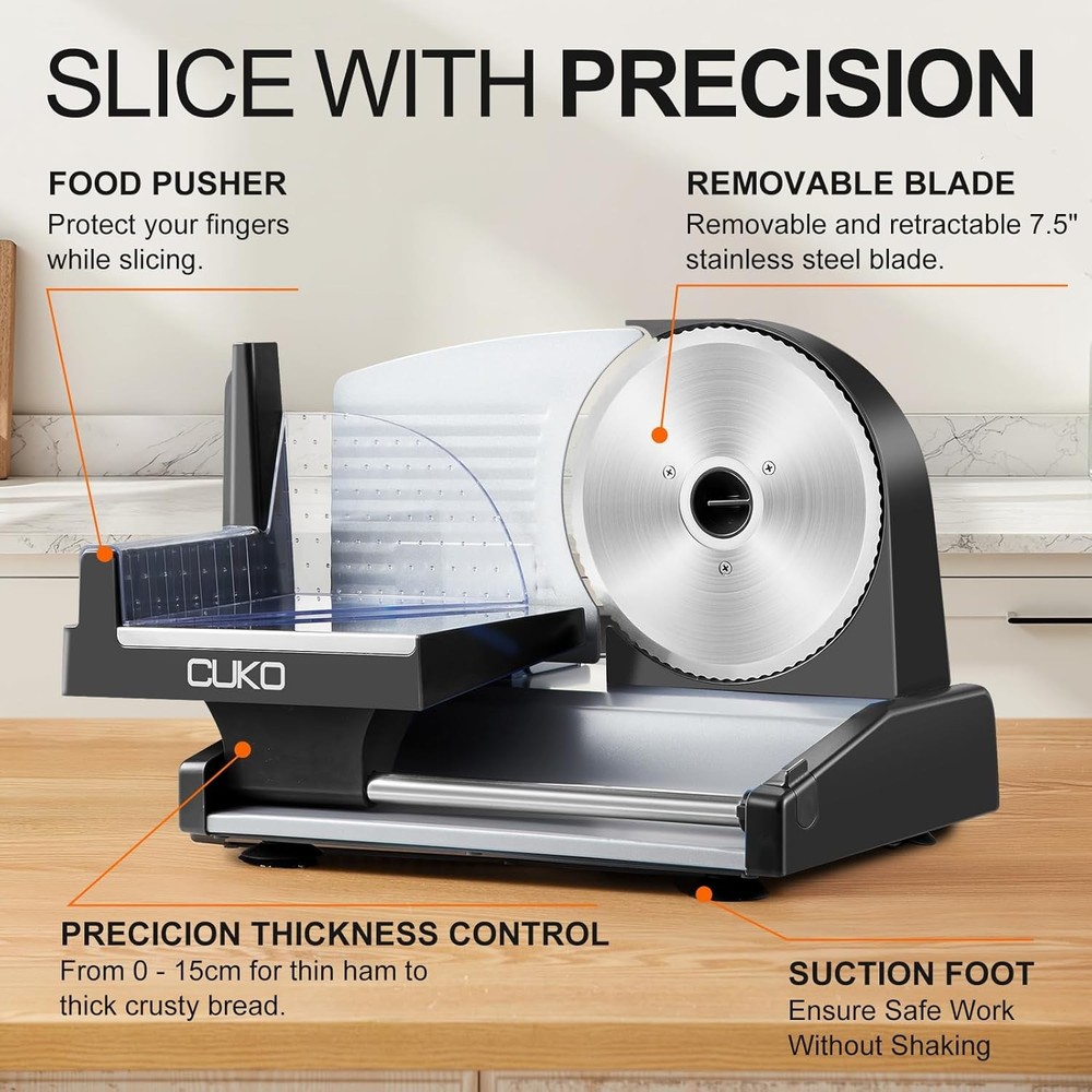 Electric Deli Slicer CUKO 200W 7.5in Blades Adjustable