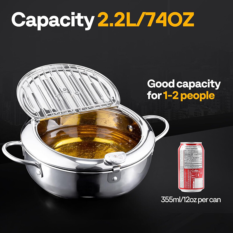 Japanese Style Deep Fryer Pot Stainless Steel with Tong Thermometer Oil Drainer