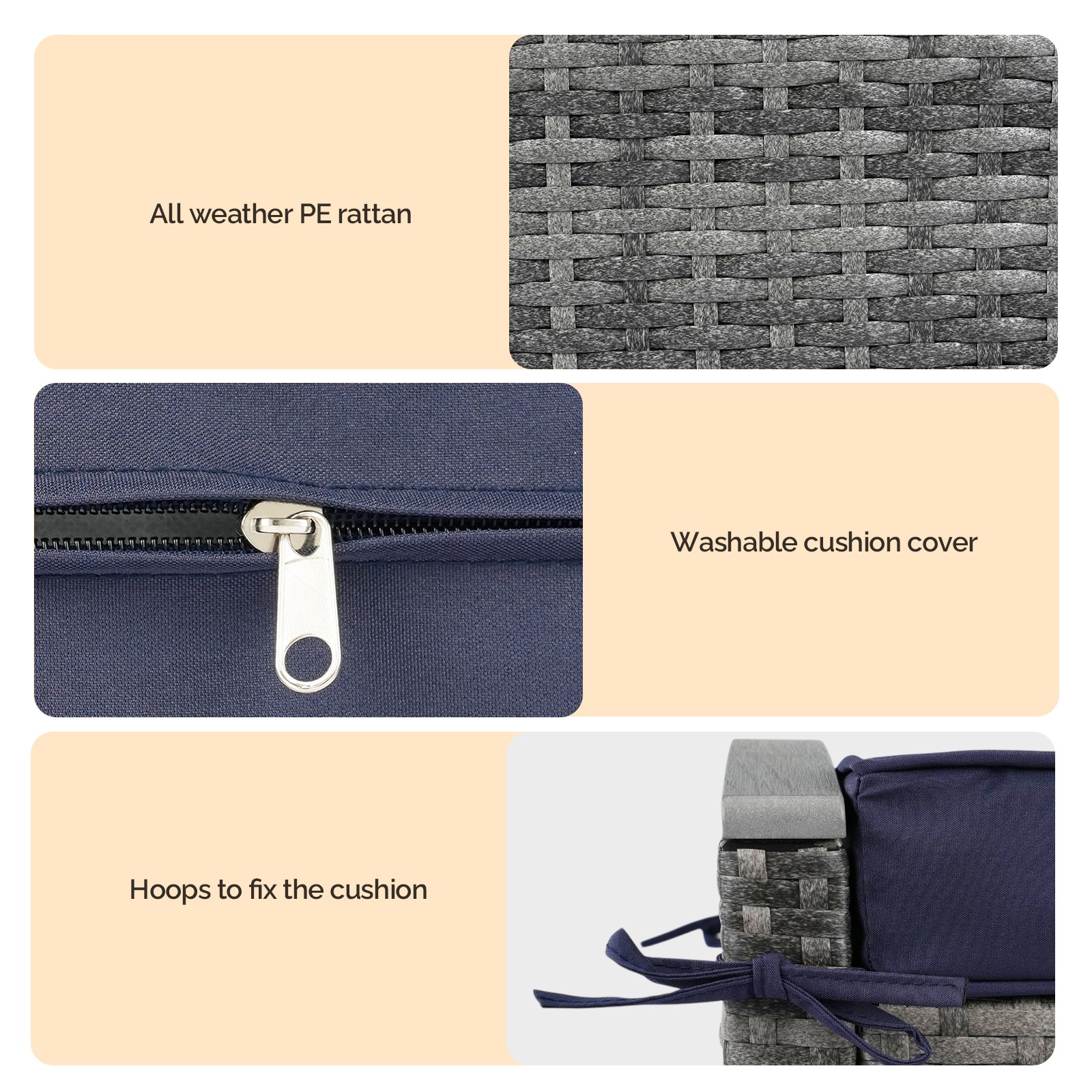 Gray Rattan with Cushions 2PCS In/Outdoor Plastic Wood Armrest Rattan Footstool