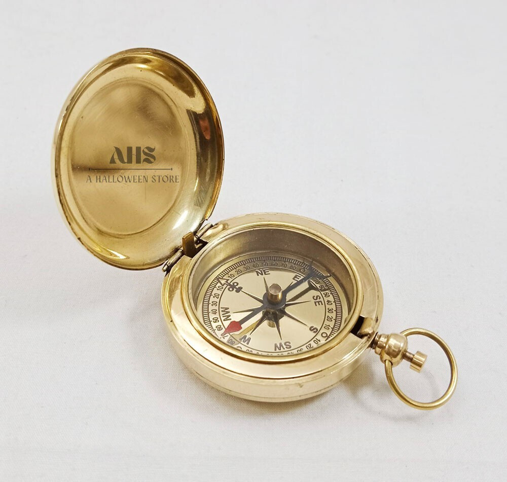 Vintage Navigational Maritime Brass Push Button Pocket Compass