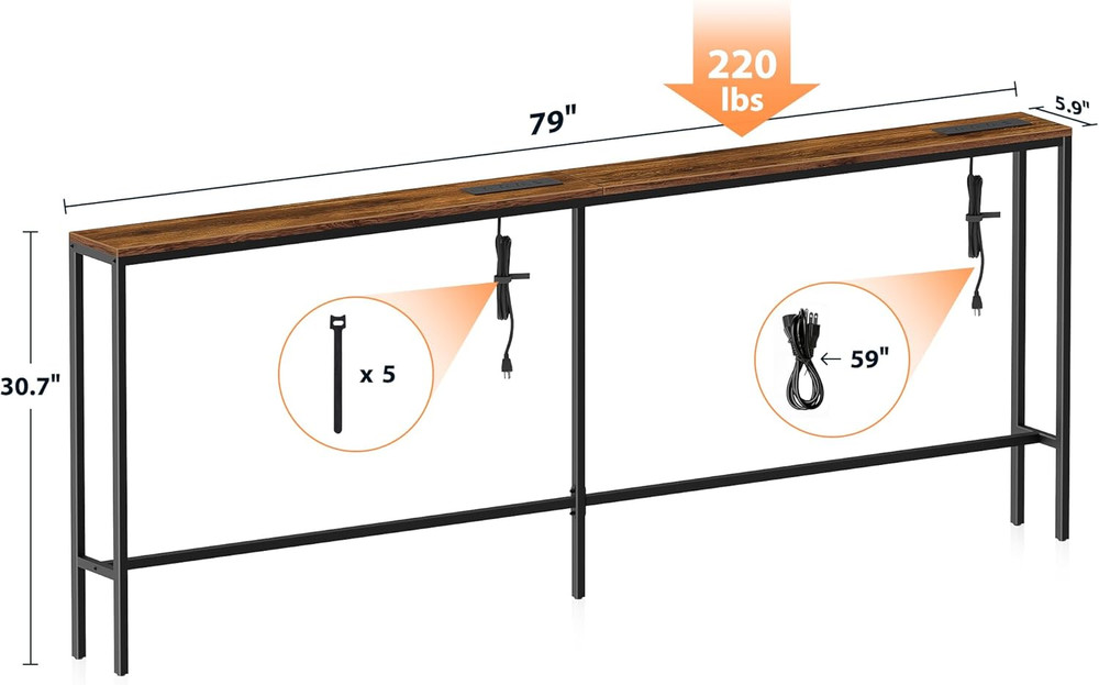 Narrow Sofa Table with 2 Power Outlets, 79” Thin Console Tables Narrow Long, beh