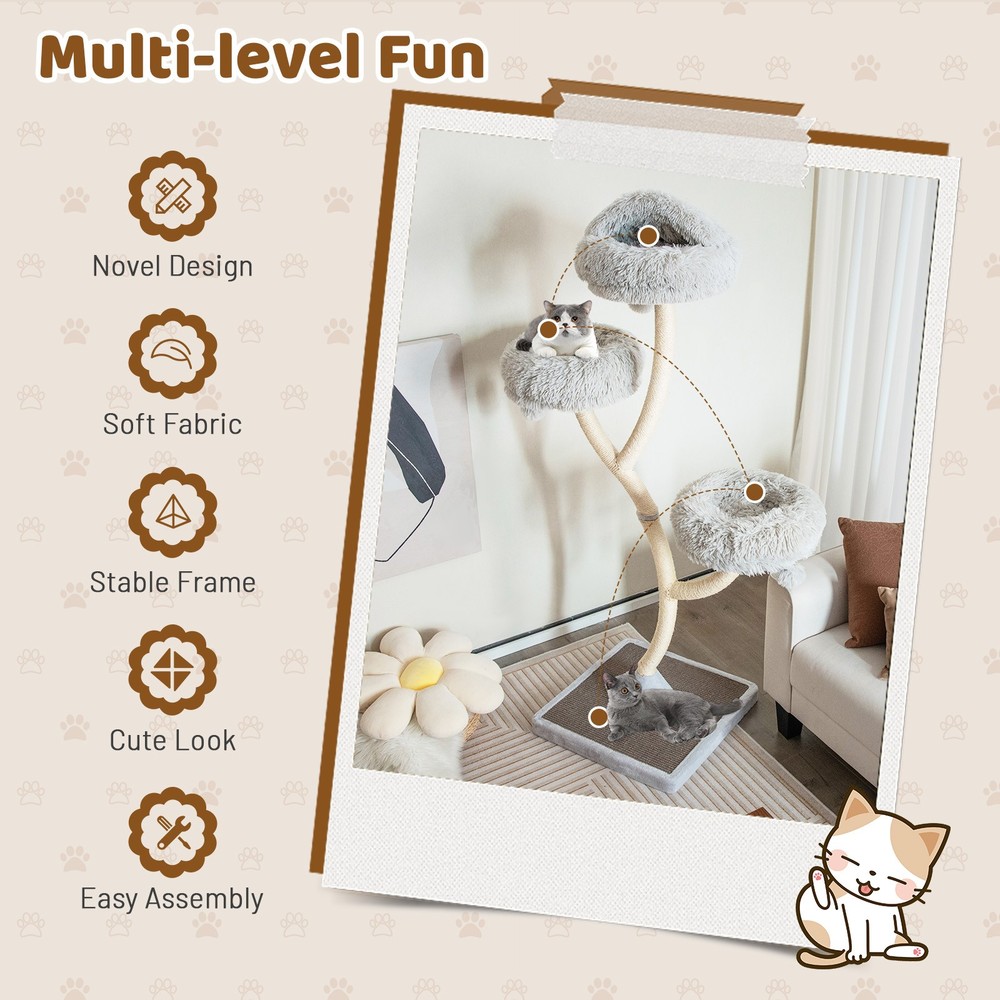 Cat Tree Tower 70" Multi-Level Kitten Activity Center w/ 3 Perches & Balls Gray
