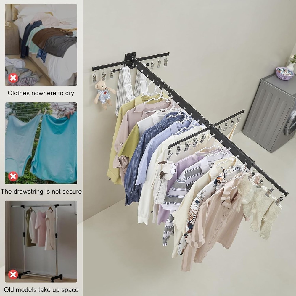 BESy Wall Mounted Laundry Clothes Drying Rack Foldable for Hanging Clothes Upgra