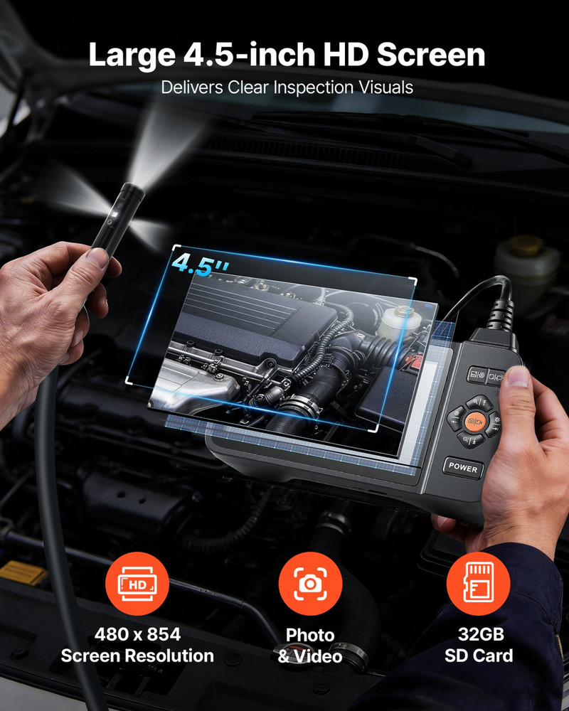 Triple Lens Endoscope 16.4FT Cable 4.5" Screen Borescope Camera IP67 Light