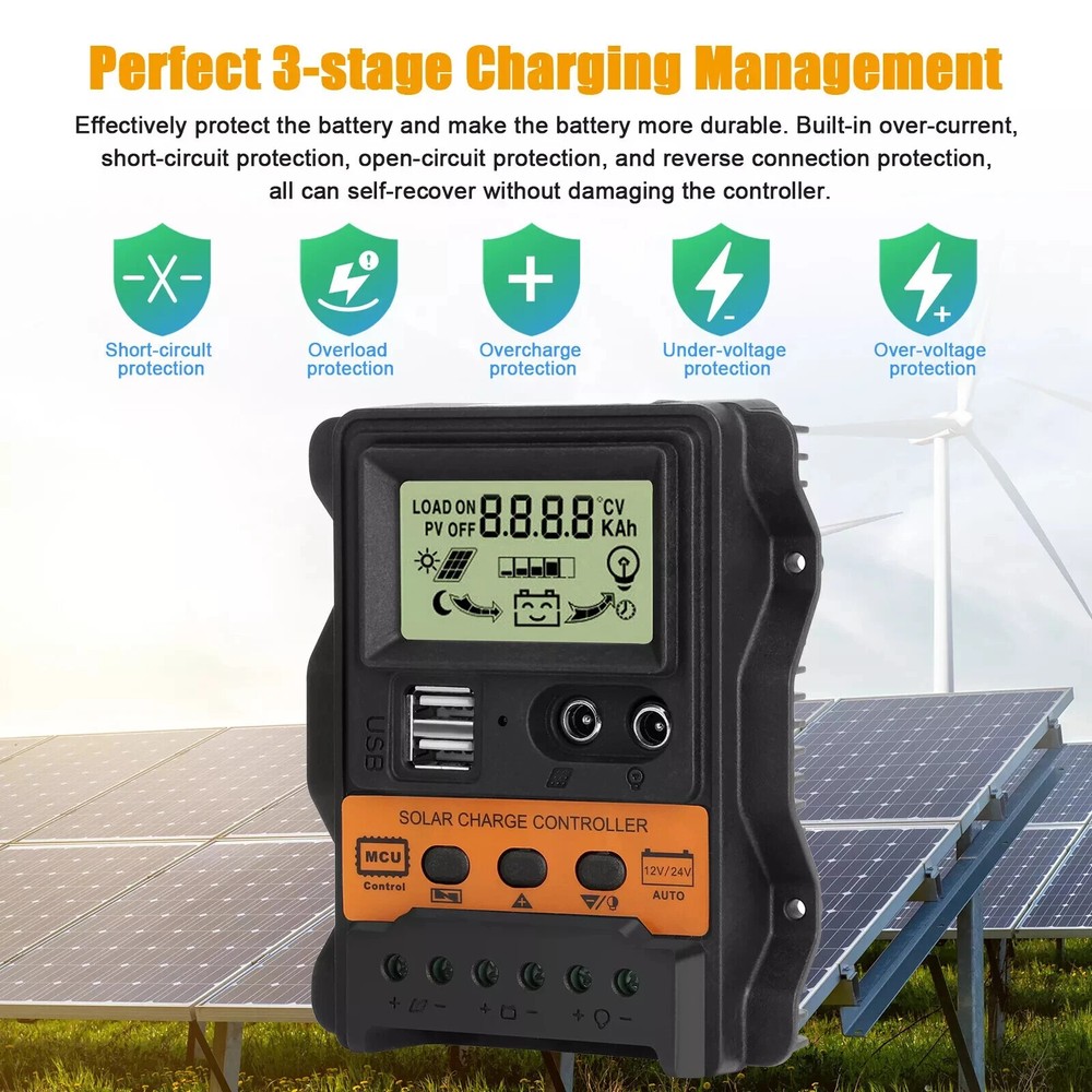 30A PWM Solar Charge Controller 12/24V Panel Battery Regulator Charger LCD USB