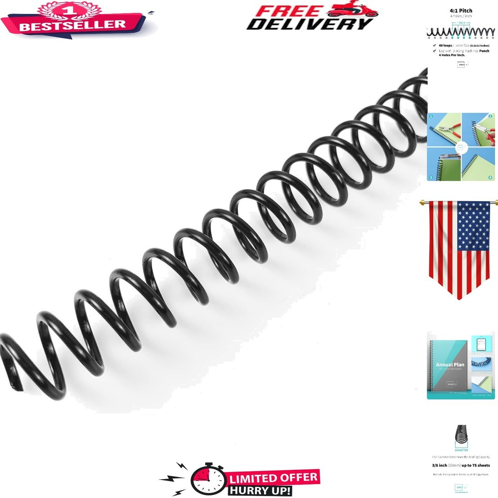 10mm Black Spiral Binding Coils, 100 Pack - 4:1 Pitch for Easy Document Binding