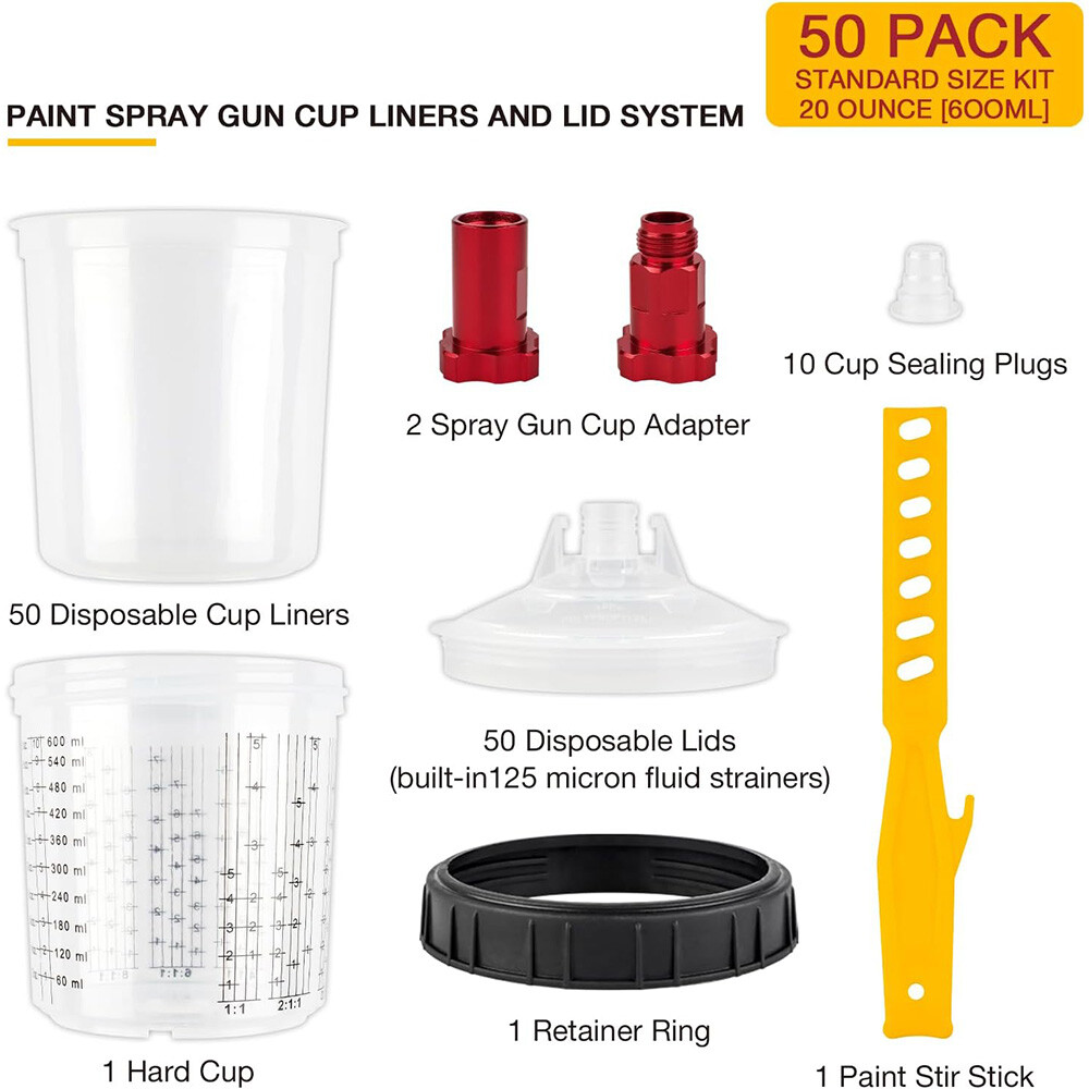 50pcs PPS CUPS Disposable Paint Spray Gun Cup Liners and Lid System 600ML 20oz