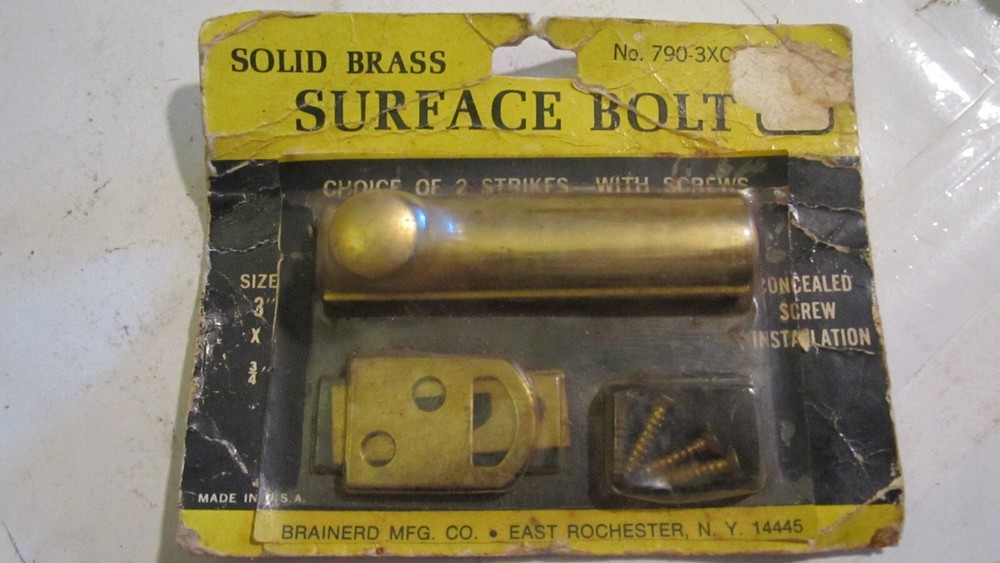 BRAINERD 3" X 3/4" SOLID BRASS SURFACE BOLT 790-3XO, 2 STRIKE PLATES WITH SCREWS
