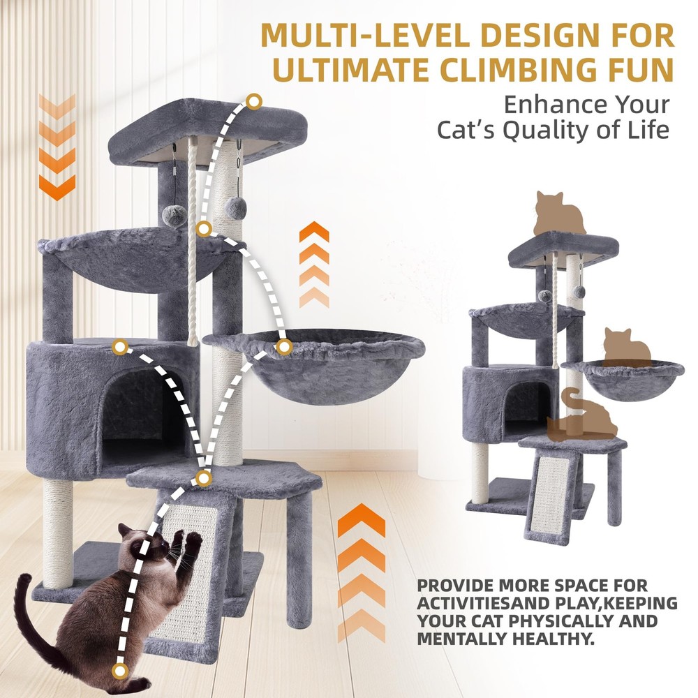 Xin Three Layer Cat Tree with Cat Condo and Hammocks,Grey