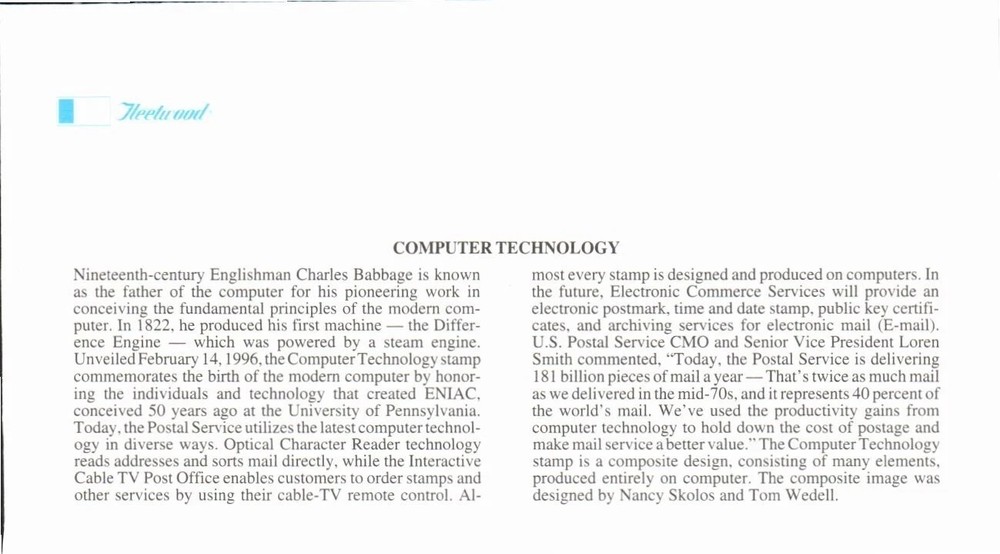 COMPUTER TECHNOLOGY CHARLES BABBAGE 1996 FLEETWOOD CACHT FDC UNADDR