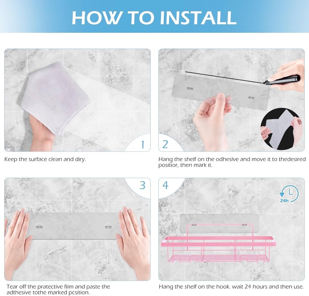2 Pack Adhesive Shower Caddy Organizer with Hooks, Rustproof No Drilling Wall...