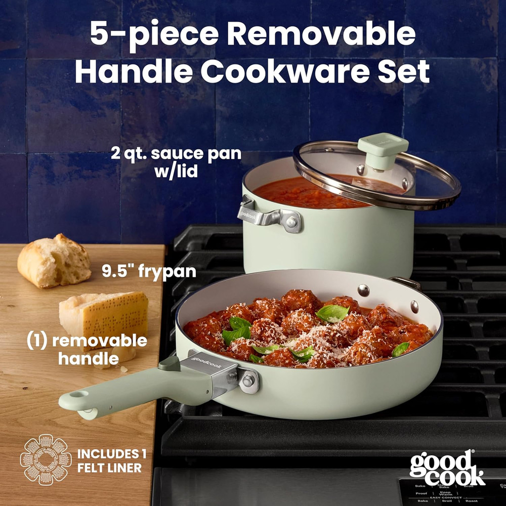 Ceramic Cookware Set 5-Piece with Removable Handle, Induction Compatible, Nonsti
