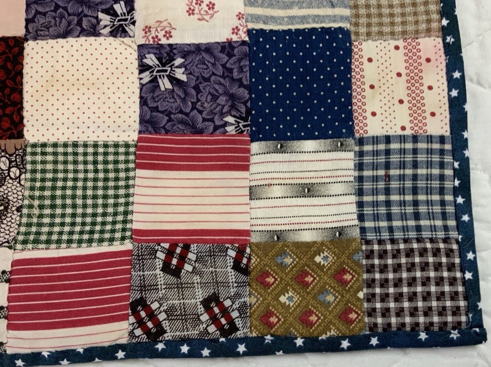 Antique Patchwork Quilt Table Topper, Rectangle, Four Patch, Early Calico Prints