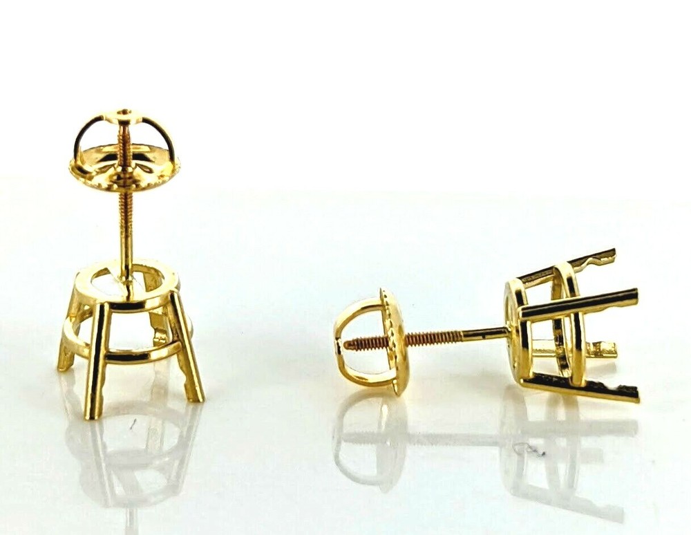Pair 18K Yellow Gold Stud Earring Settings Pre-Notched Threaded Fine Quality