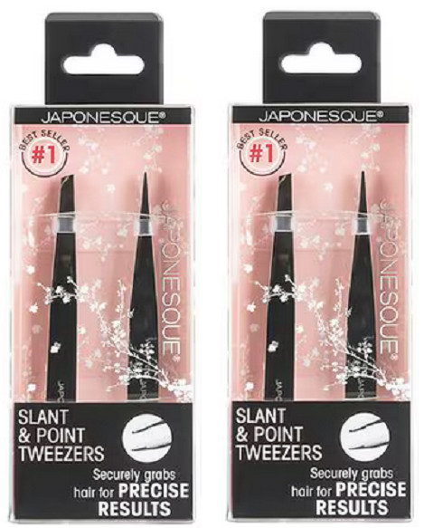 2 Japonesque Pro Performance Slant and Point Tweezers - Stainless Steel - New!