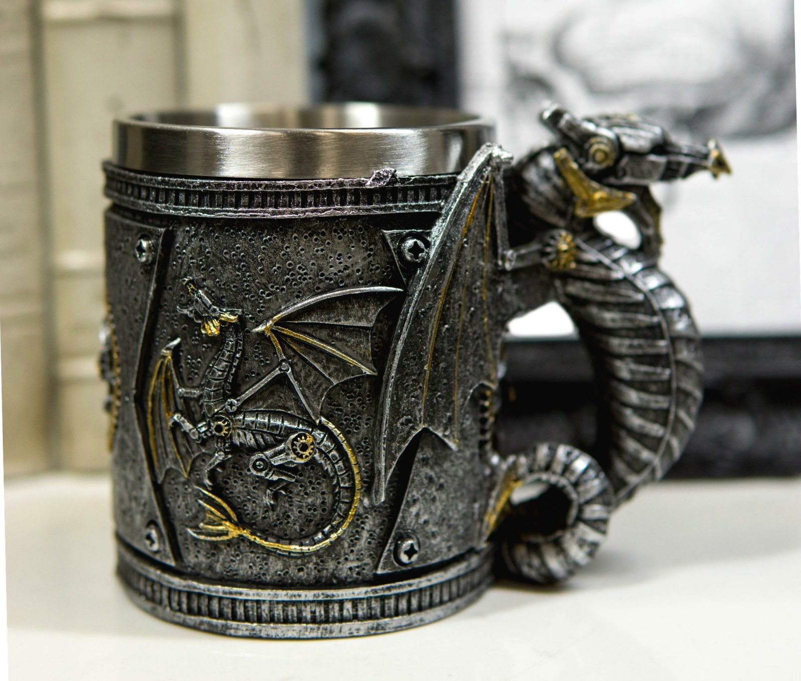 Silver Surfer Steampunk Cyborg Robotic Dragon Beer Stein Tankard Coffee Cup Mug
