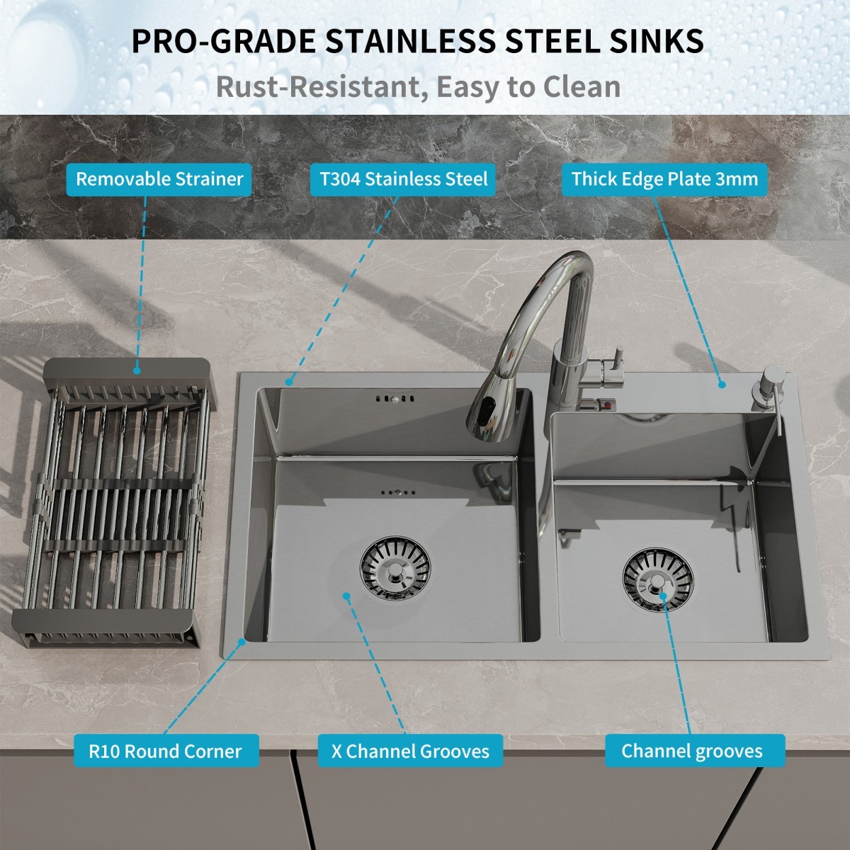 Stainless Steel Kitchen Sink 30" 32" Drop In Top Mount Double Bowl with Faucet