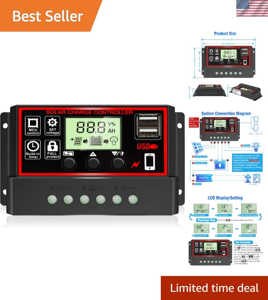 Upgraded 30A Solar Charge Controller with Dual USB & LCD Display - Safe & Eff...