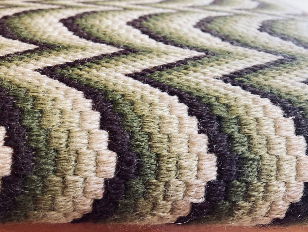 Red Oak Queen Anne Foot Stool Bench Wool Needle Point Geometric Pattern