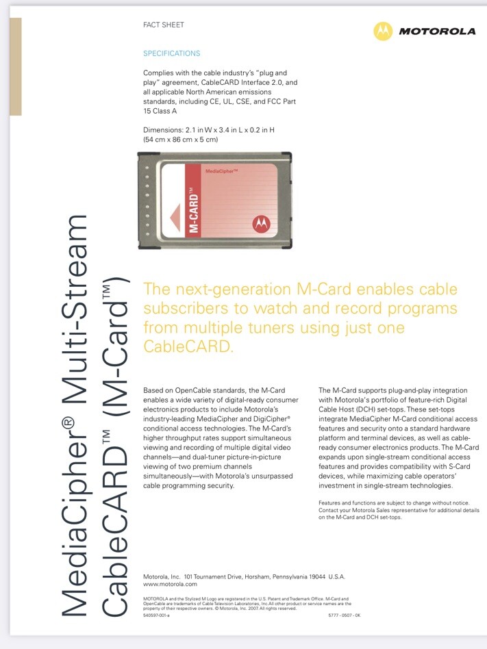Motorola M-Card Media Cipher Multi Stream Cable MCard