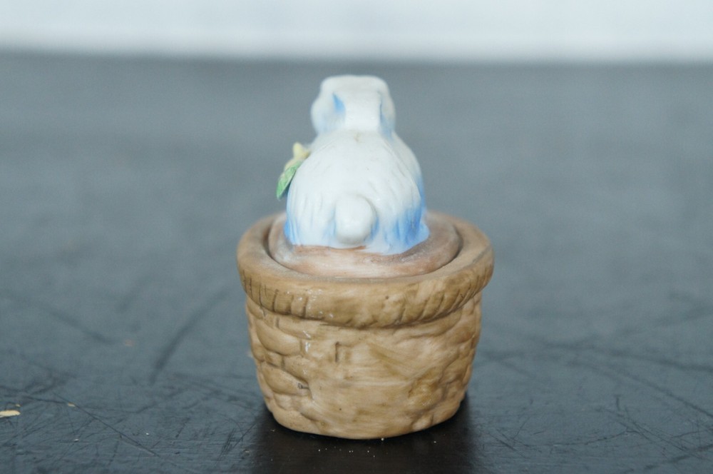 Vintage Bisque Easter Bunny Rabbit Lidded Basket Keepsake Trinket Box 2.5"