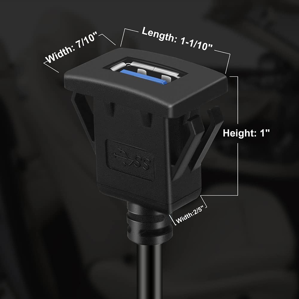 BATIGE Square Single Port USB 3.0 Panel Flush Mount Extension 1ft, Black