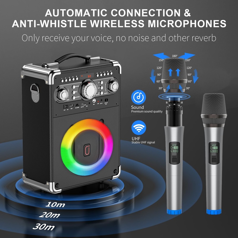 HWWR Karaoke Machine, Portable Bluetooth 5.3 Speaker with 3 Wireless Micropho...