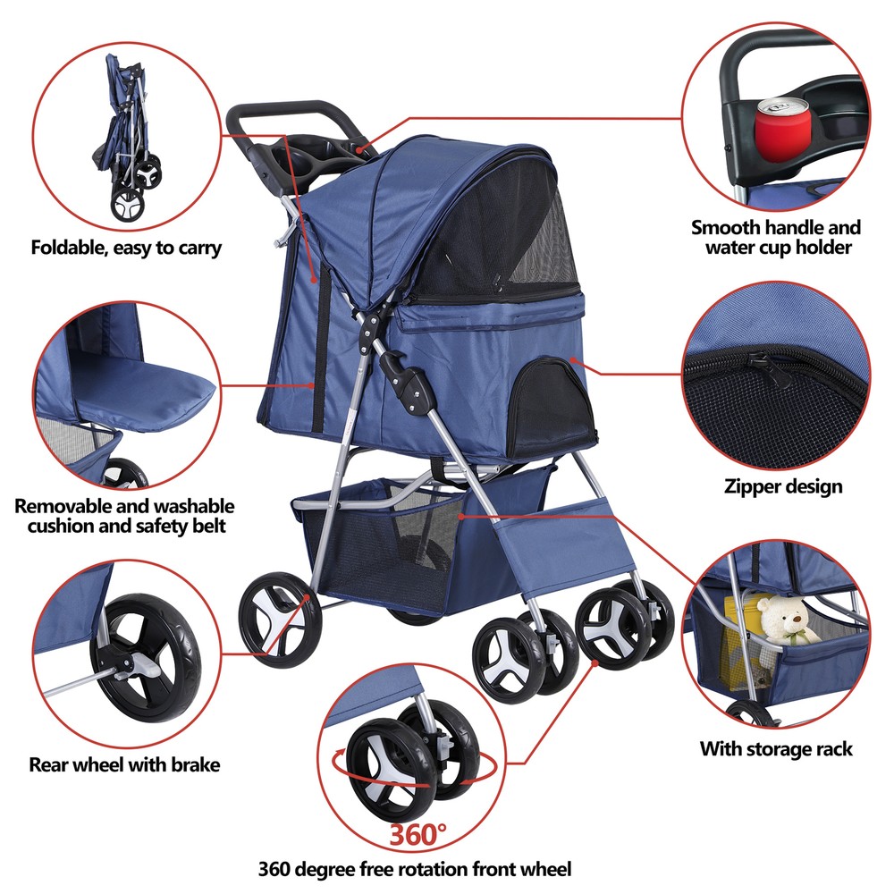 Compact Navy Blue Pet Stroller with Mesh Windows and Quality Upgrades