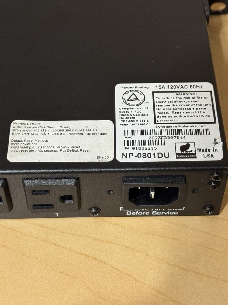 Netbooter Remote Power Management System 15Amp 8 Outlets Synaccess NP0801-DU