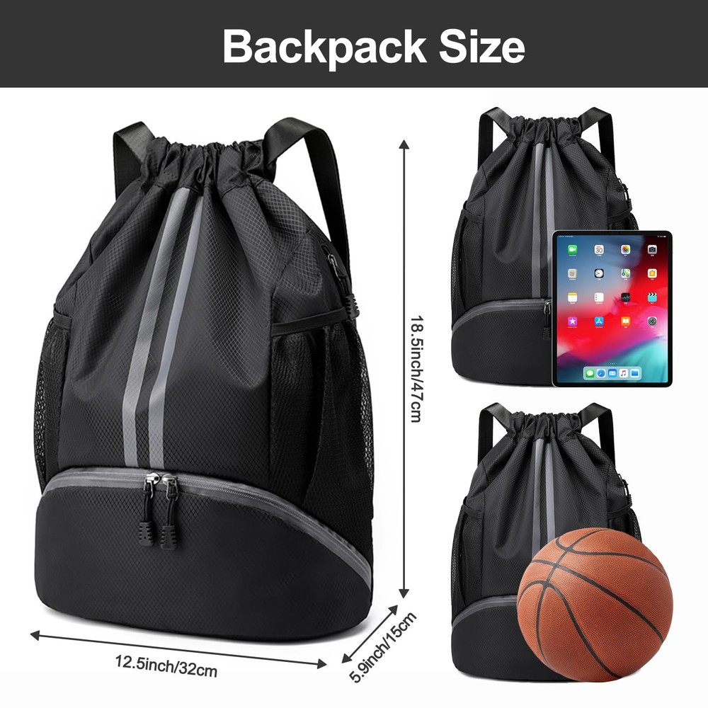 Hoedia Sports Drawstring Backpack - String Swim Gym Bag with Large, Black