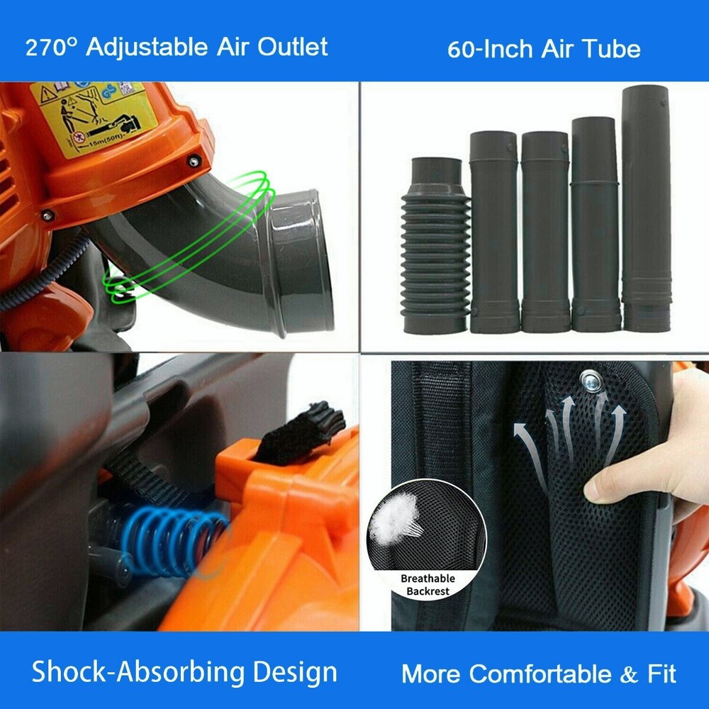 Backpack Leaf Blower Gas Powered Snow Blower 665 CFM 43CC 2-Stroke Engine 3HP
